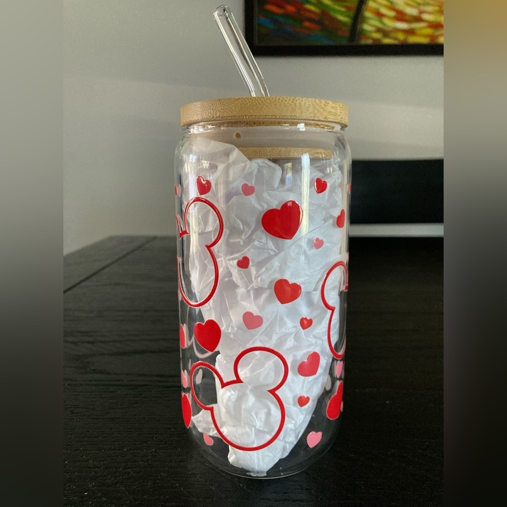 💝 Handcrafted Mickey Mouse heart shaped ears glass tumbler